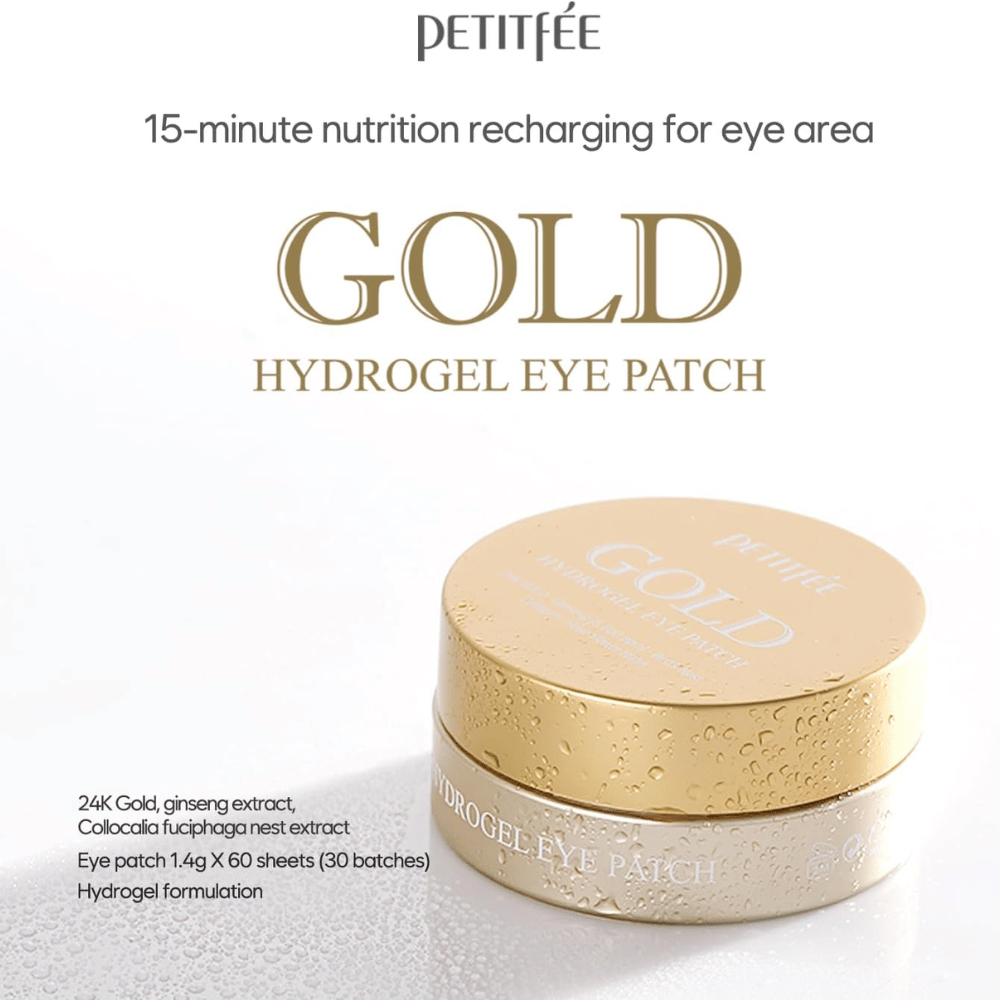 Stilrent produktbillede af PETITFEE Gold Hydrogel Eye Patch med guldfarvet emballage på lys baggrund. Teksten fremhæver ingredienser som 24K guld, ginseng og hydrogel-formel til fugt og glow.