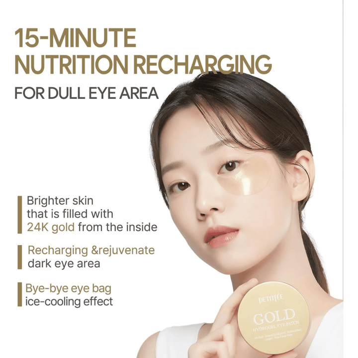 Kampagnebillede med model, der bruger PETITFEE Gold Hydrogel Eye Patch under øjet. Fokus er på at give glød, genoplive træt hud og mindske synligheden af mørke rande og hævelser.