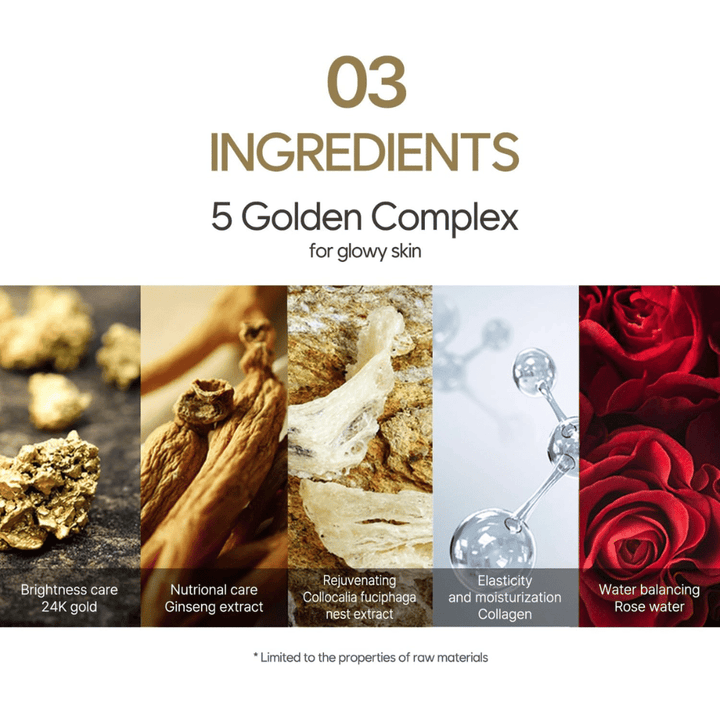 Informationsbillede om “5 Golden Complex” med ingredienser som 24K guld, ginsengekstrakt, fugleredeekstrakt, kollagen og rosenvand. Fokus er på glød, elasticitet og fugt.