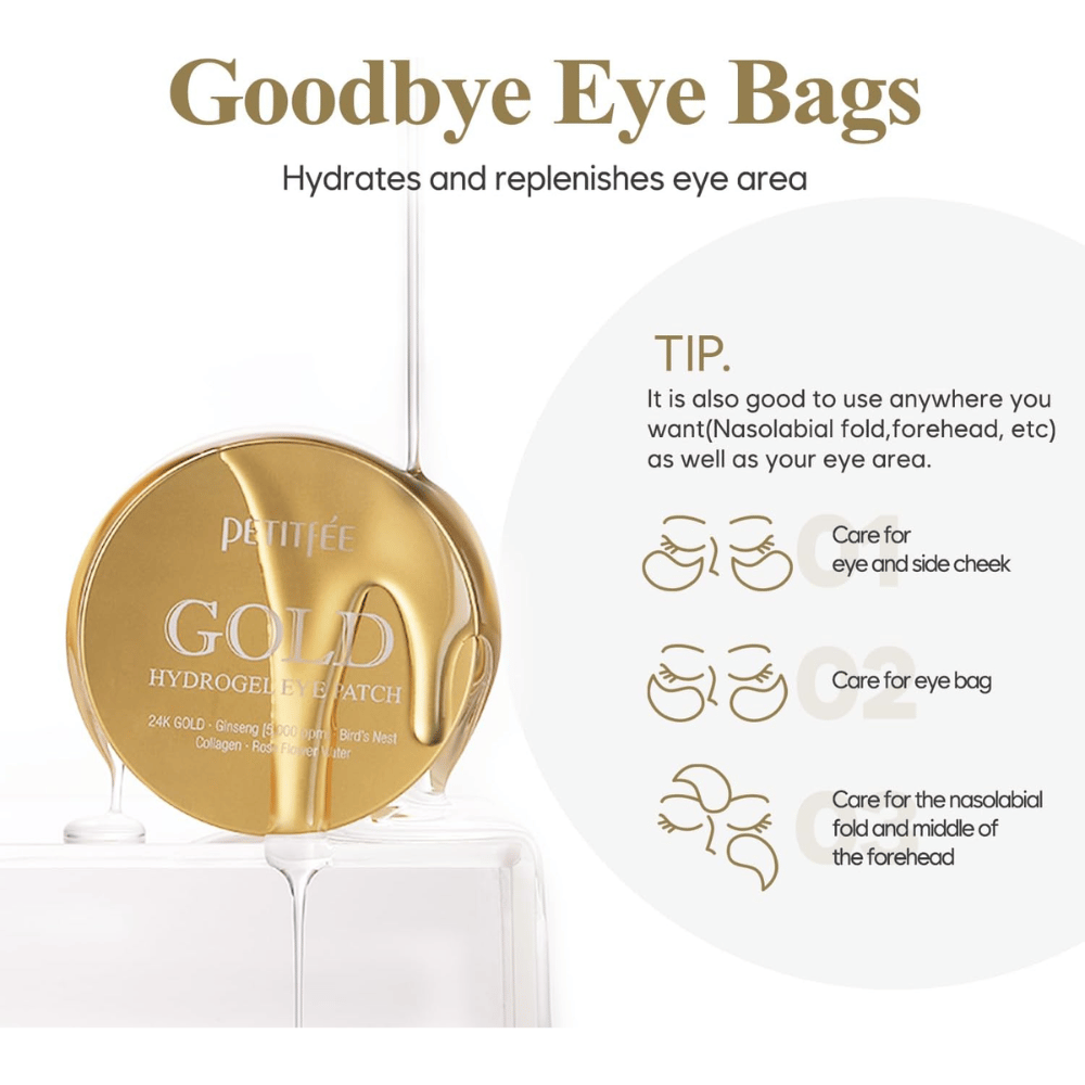 Produktbillede af PETITFEE Gold Hydrogel Eye Patch med fokus på at fugte og pleje området under øjnene. Billedet viser også forskellige anvendelsesområder som øjenposer, kindområde og nasolabiale linjer.