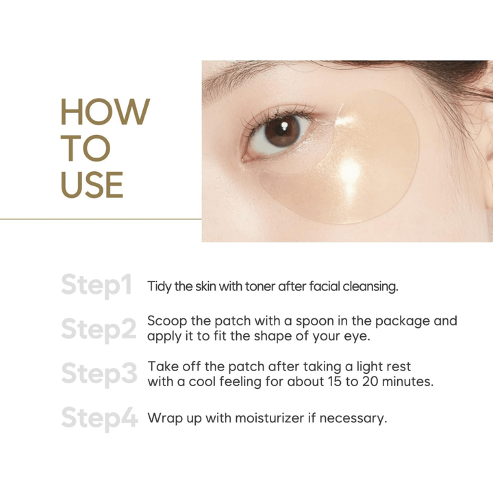 Instruktionsbillede, der viser, hvordan hydrogel eye patches påføres under øjnene efter rensning og toner. En trin-for-trin-guide beskriver brug og anbefalet virketid for fugtet og frisk hud.