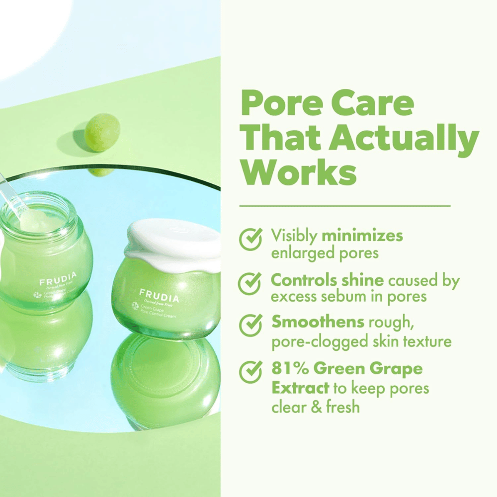 FRUDIA Green Grape Pore Control Cream der synligt reducerer porer, kontrollerer glans og jævner hudstruktur med 81 % grøn drueekstrakt.