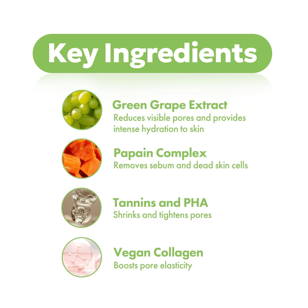 Nøgleingredienser i FRUDIA Green Grape Pore Control Cream med grøn drueekstrakt, papain, PHA, tanniner og vegansk kollagen for klarere og glattere hud.