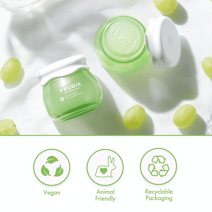 FRUDIA Green Grape Pore Control Cream med grøn drueekstrakt, vegansk ansigtscreme der minimerer porer, balancerer sebum og har genanvendelig emballage.