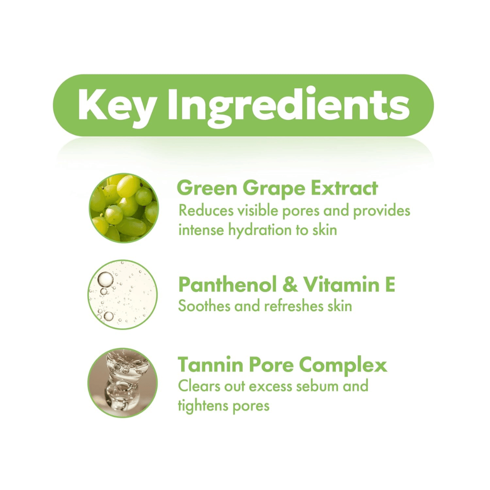 FRUDIA Green Grape Pore Control Scrub Cleansing Foam – nøgleingredienser som grønt drueekstrakt, panthenol, vitamin E og tannin pore complex for rene og forfinede porer.