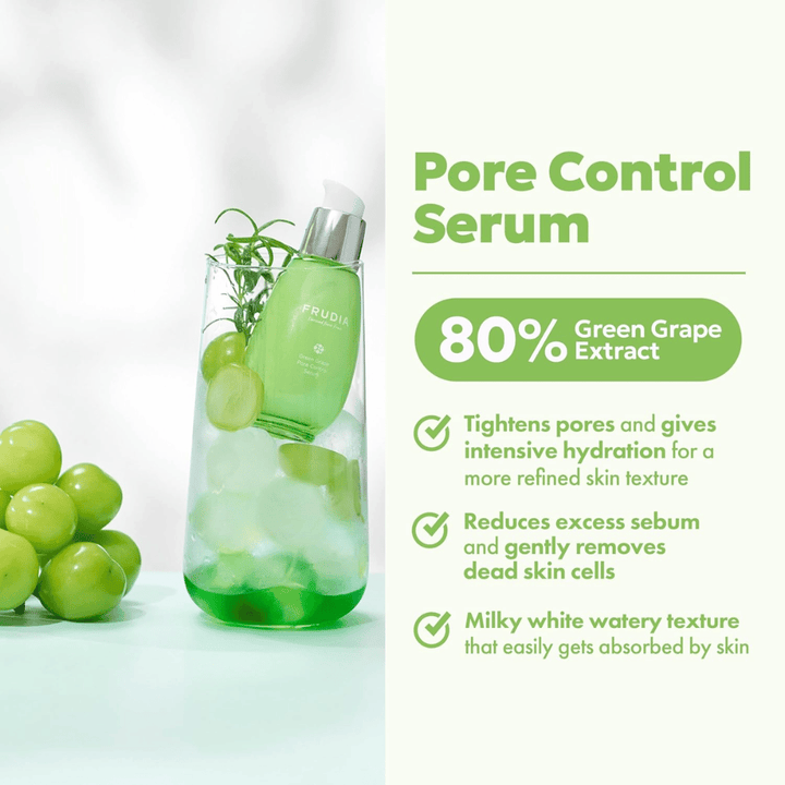 Frudia Green Grape Pore Control Serum som strammer porer, reducerer overskydende sebum og absorberes hurtigt med let, mælket tekstur for frisk og balanceret hud.