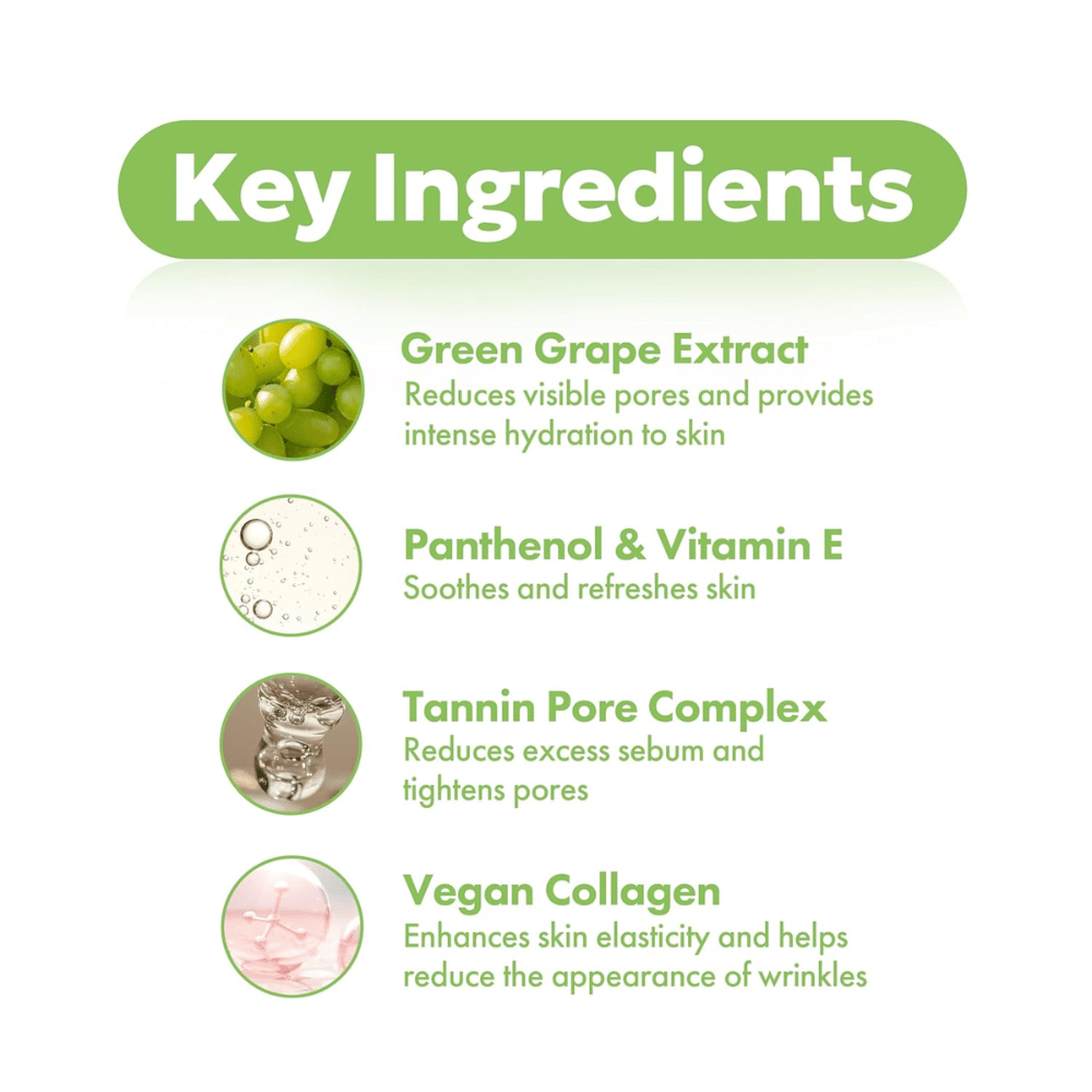Nøgleingredienser i Frudia Green Grape Pore Control: grønt drueekstrakt til porer, panthenol og vitamin E for beroligende effekt, tannin porekompleks samt vegansk kollagen.