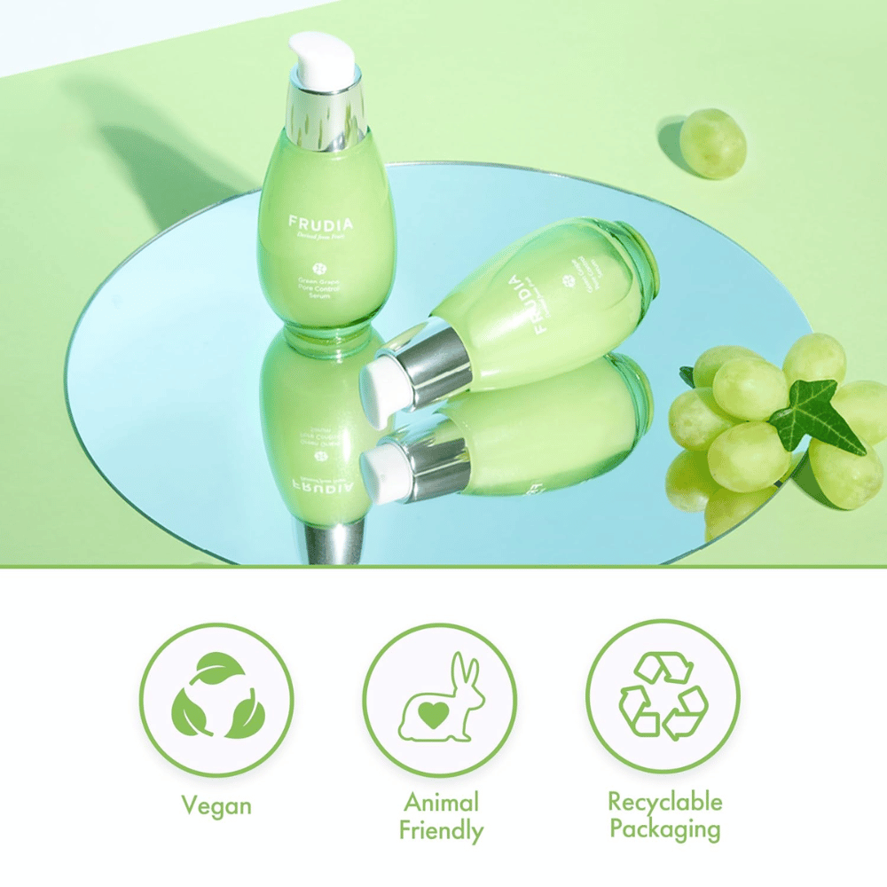 Frudia Green Grape Pore Control Serum med grønne druer, vegansk formel, cruelty-free og genanvendelig emballage – koreansk hudpleje til poreminimering og balanceret hud.