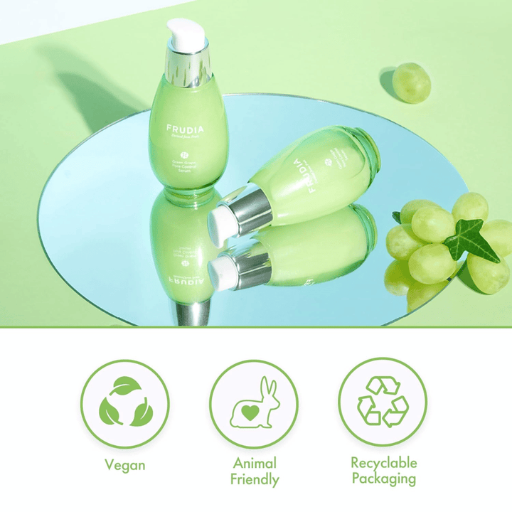 Frudia Green Grape Pore Control Serum med grønne druer, vegansk formel, cruelty-free og genanvendelig emballage – koreansk hudpleje til poreminimering og balanceret hud.