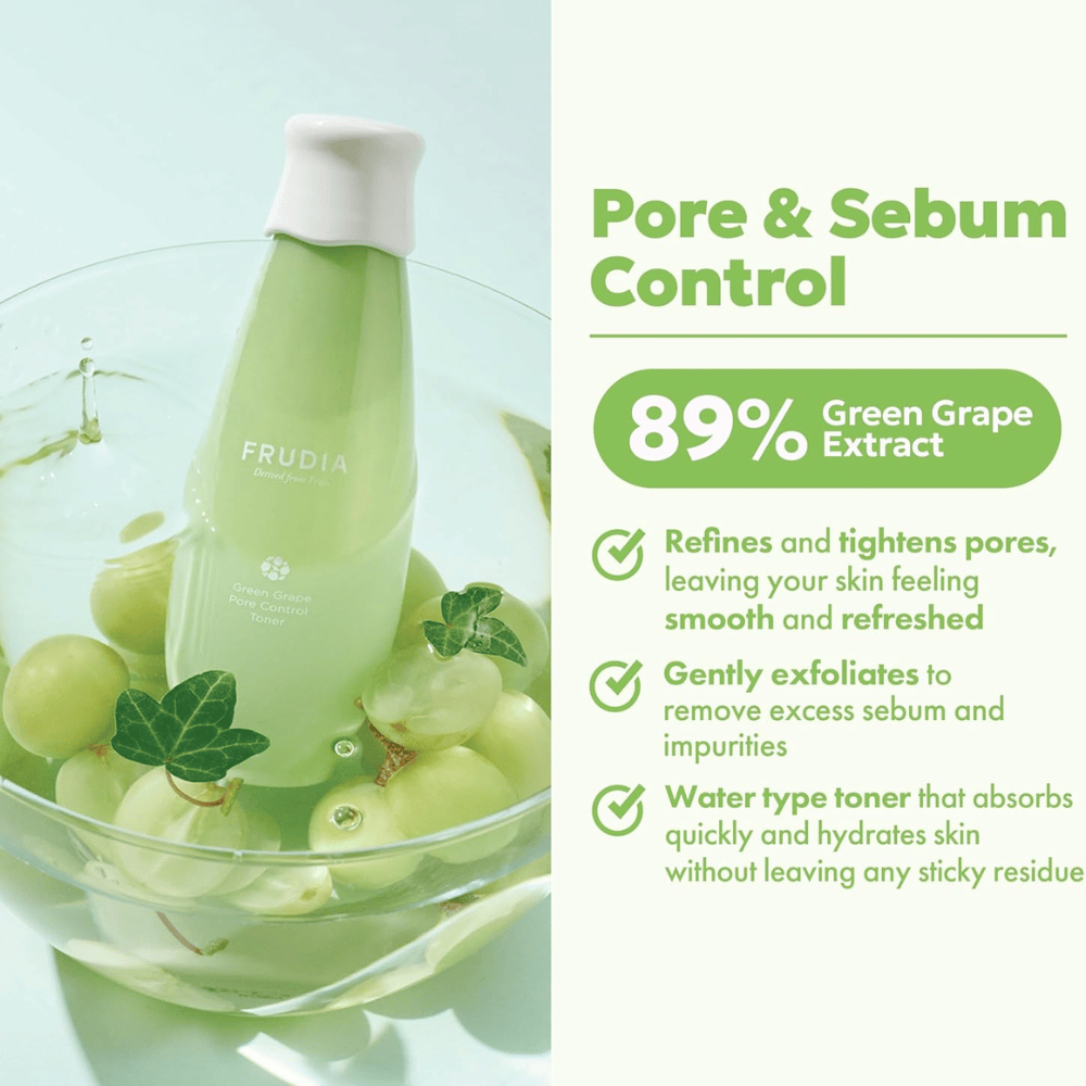 Frudia Green Grape Pore Control Toner med 89 % grønt drueekstrakt, der forfiner porer, reducerer overskydende sebum og fugter huden med let, hurtigt absorberende toner uden klistret følelse.