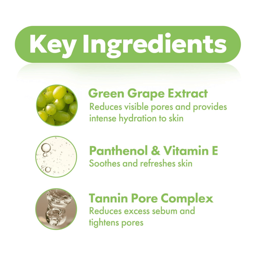Nøgleingredienser i Frudia Green Grape Pore Control med grønt drueekstrakt, panthenol, vitamin E og tannin porekompleks, der fugter huden, reducerer porer og balancerer talg.