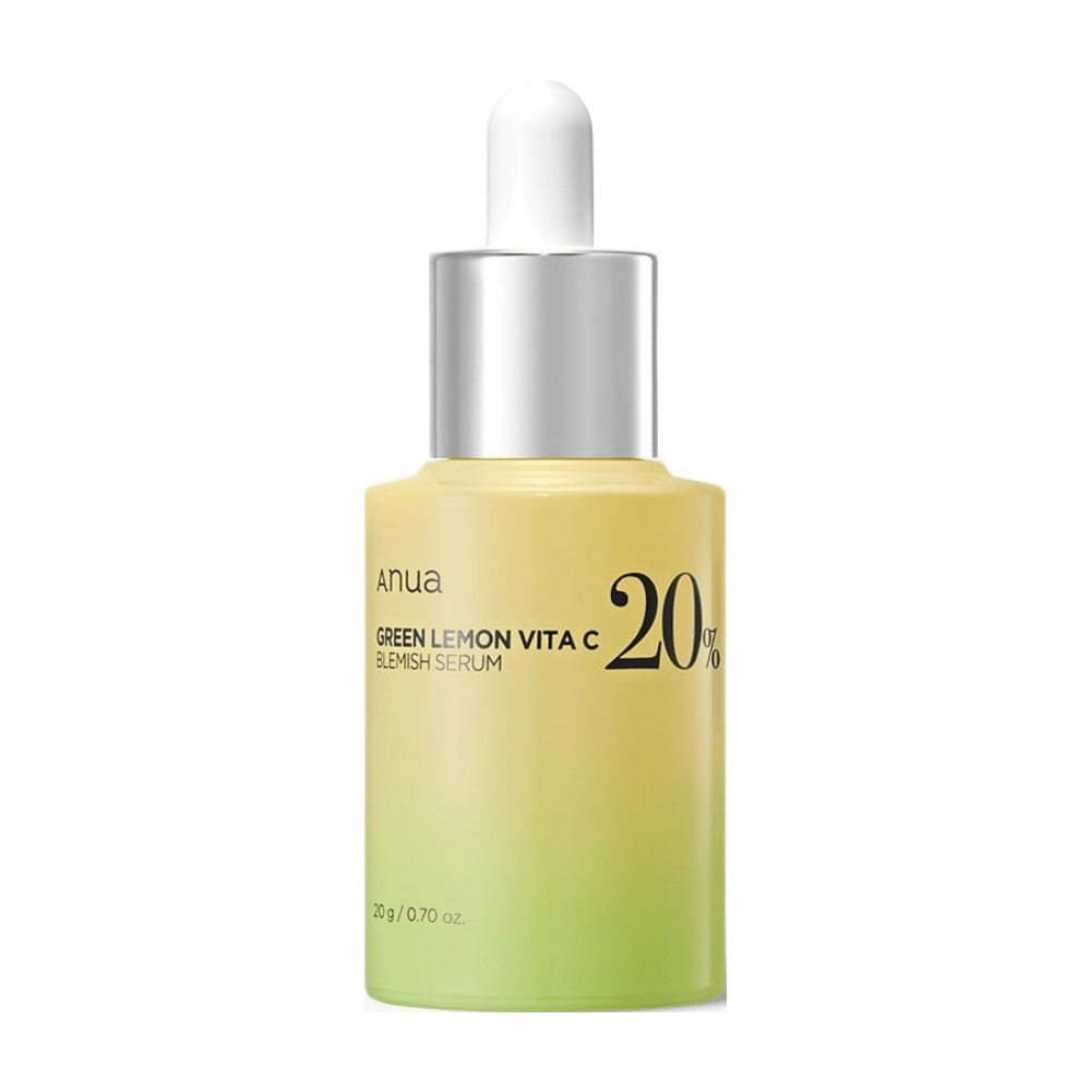 Flaske med ANUA Green Lemon Vita C Blemish Serum, indeholdende 20% C-vitamin.