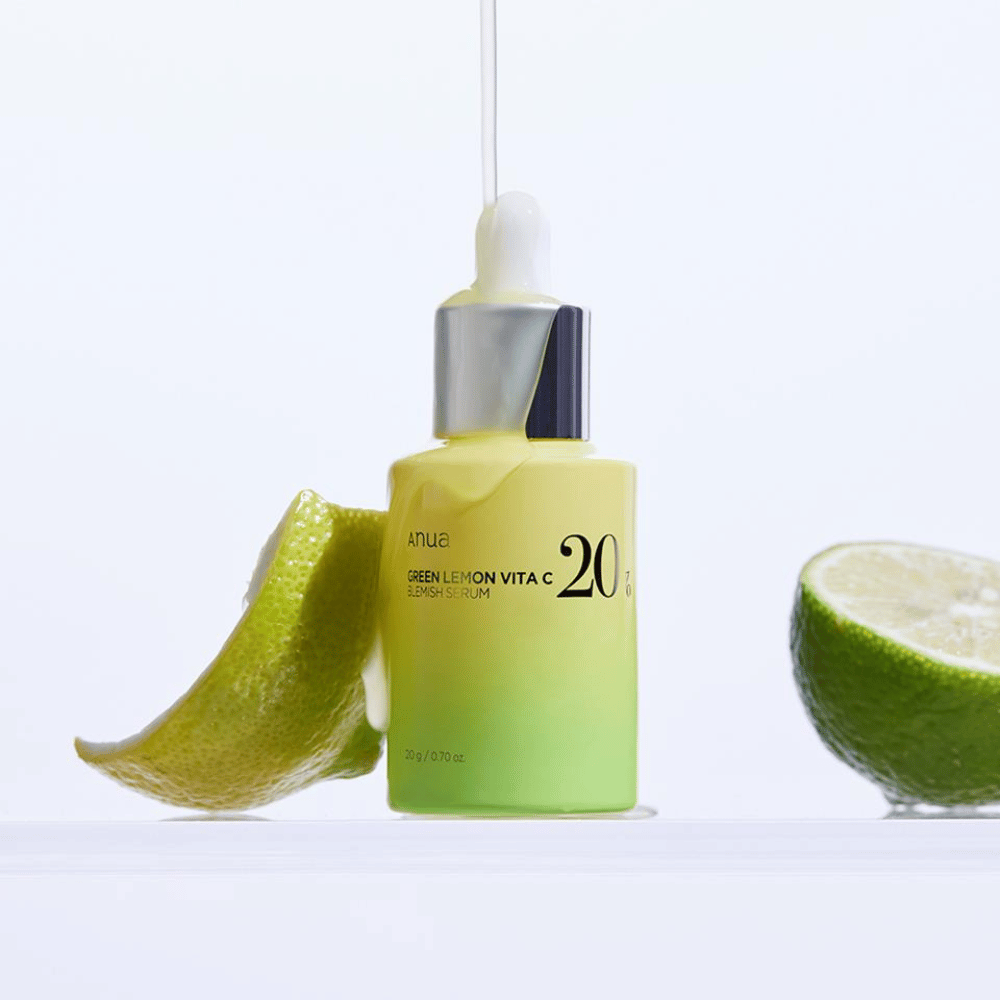 ANUA Green Lemon Vita C Blemish Serum, præsenteret med en grøn citronskive, indeholder 20g serum.