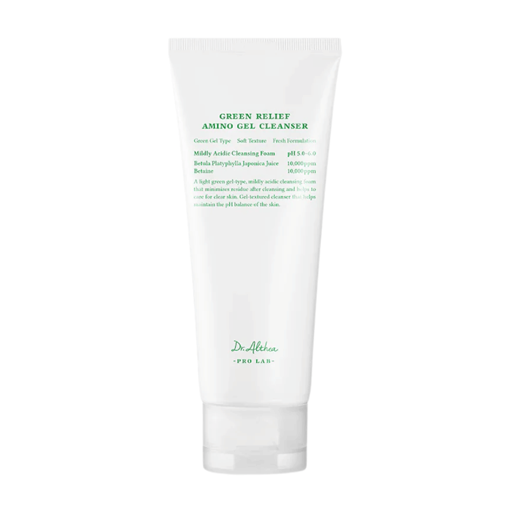 Produktet viser Dr. Althea Green Relief Amino Gel Cleanser – en mild, vegansk rensegel med let grøn formel og pH 5.0–6.0 til følsom hud.