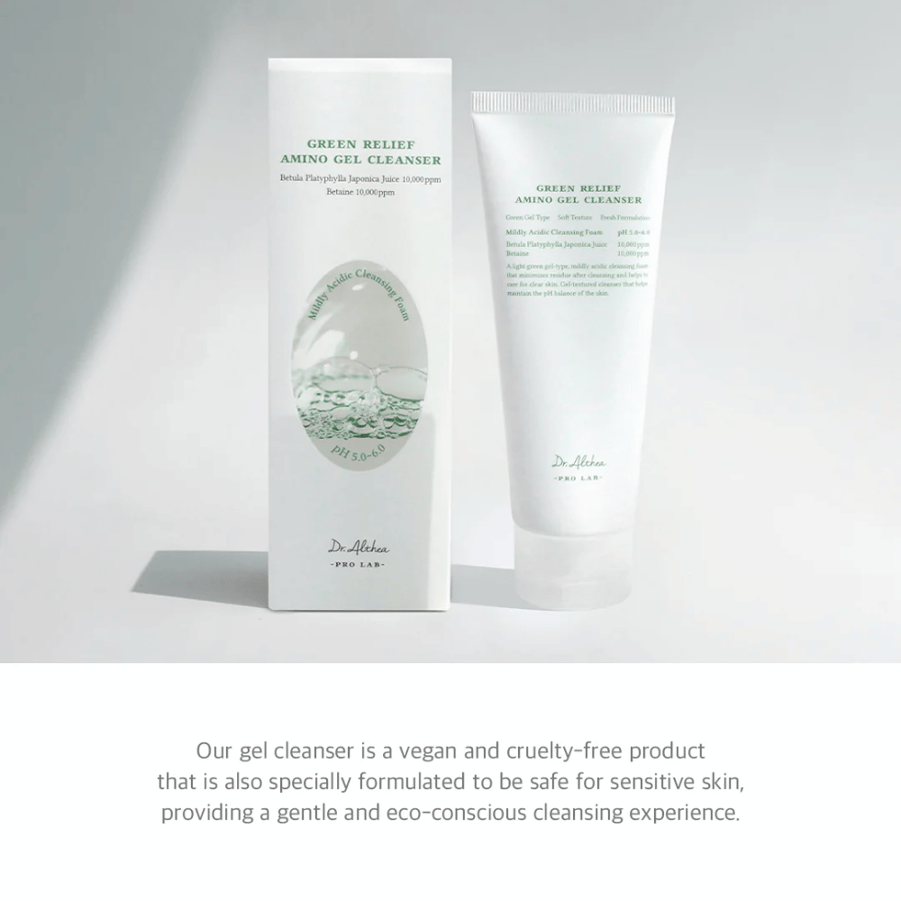 Dr. Althea Green Relief Amino Gel Cleanser er en vegansk, cruelty-free rens med mild geltekstur. Specielt udviklet til følsom hud og miljøbevidst anvendelse.