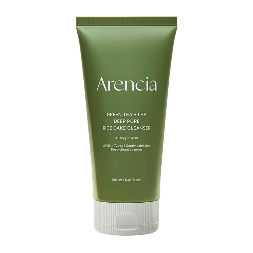 Rent produktbillede af Arencia Green Tea + LHA Deep Pore Rice Cake Cleanser i grønt tubedesign med fokus på minimalistisk og moderne emballage.