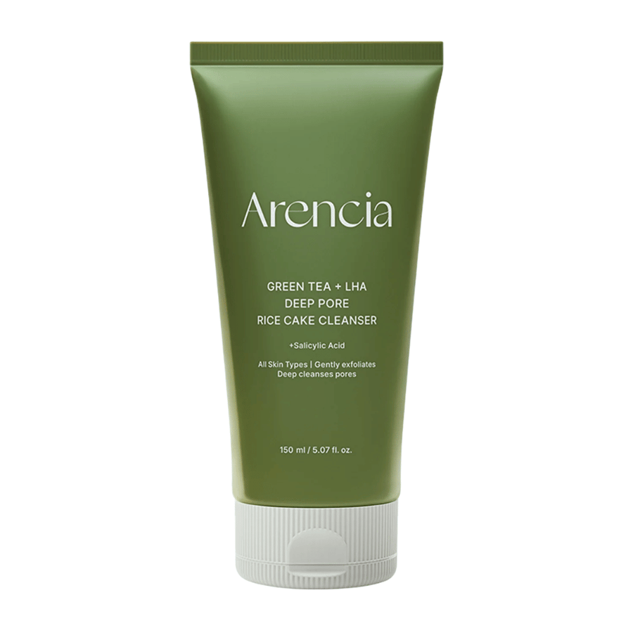 Rent produktbillede af Arencia Green Tea + LHA Deep Pore Rice Cake Cleanser i grønt tubedesign med fokus på minimalistisk og moderne emballage.