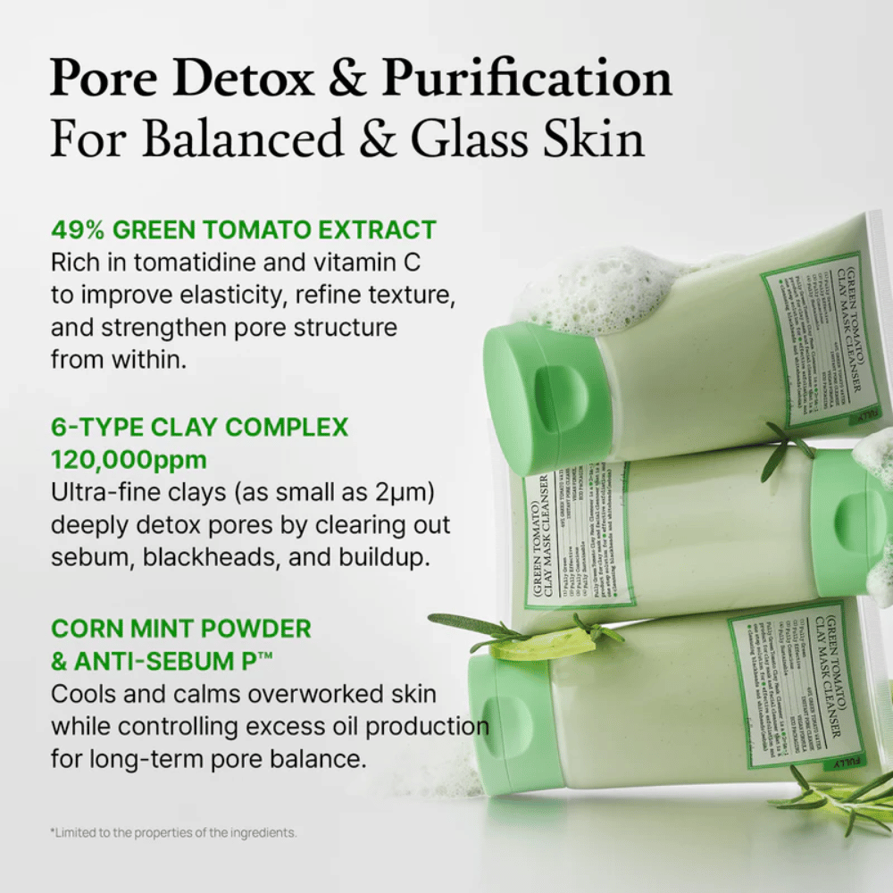 Informationsbillede om “Pore Detox & Purification” med ingredienser som grønt tomatekstrakt, ler og mynte – sammen med produktbilleder.