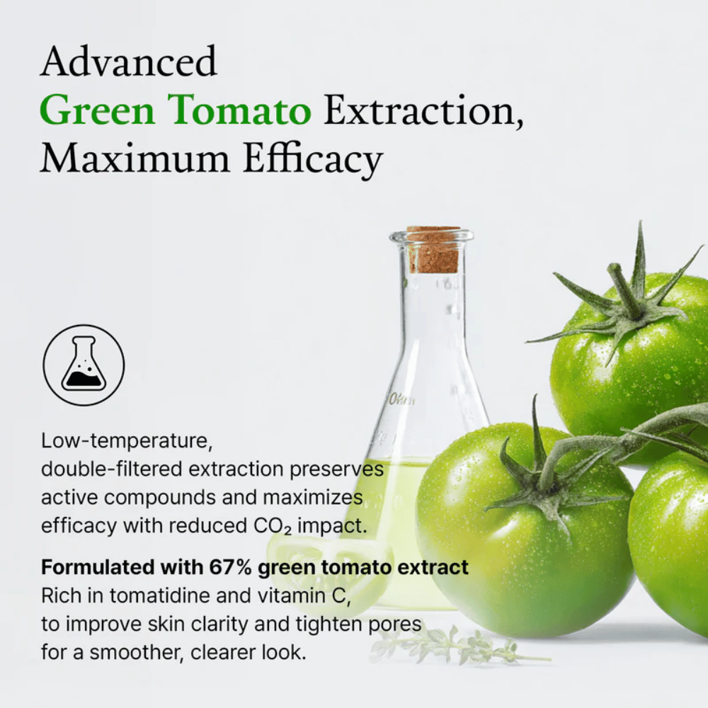 Billede med grønne tomater og laboratorieflaske, der fremhæver ingrediensen “green tomato extract” og dens effekt på huden.