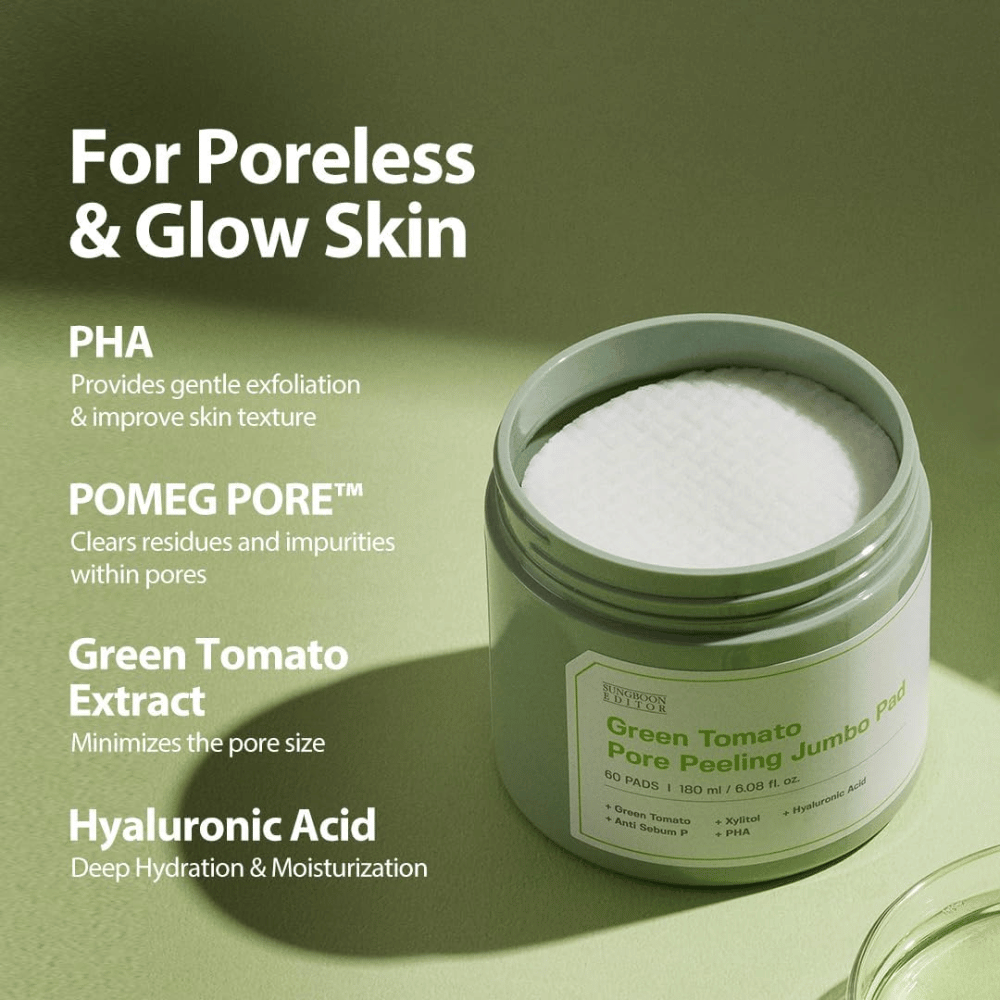SUNGBOON EDITOR Green Tomato Pore Peeling Jumbo Pad – eksfolierende pads med PHA, grønt tomatekstrakt og hyaluronsyre