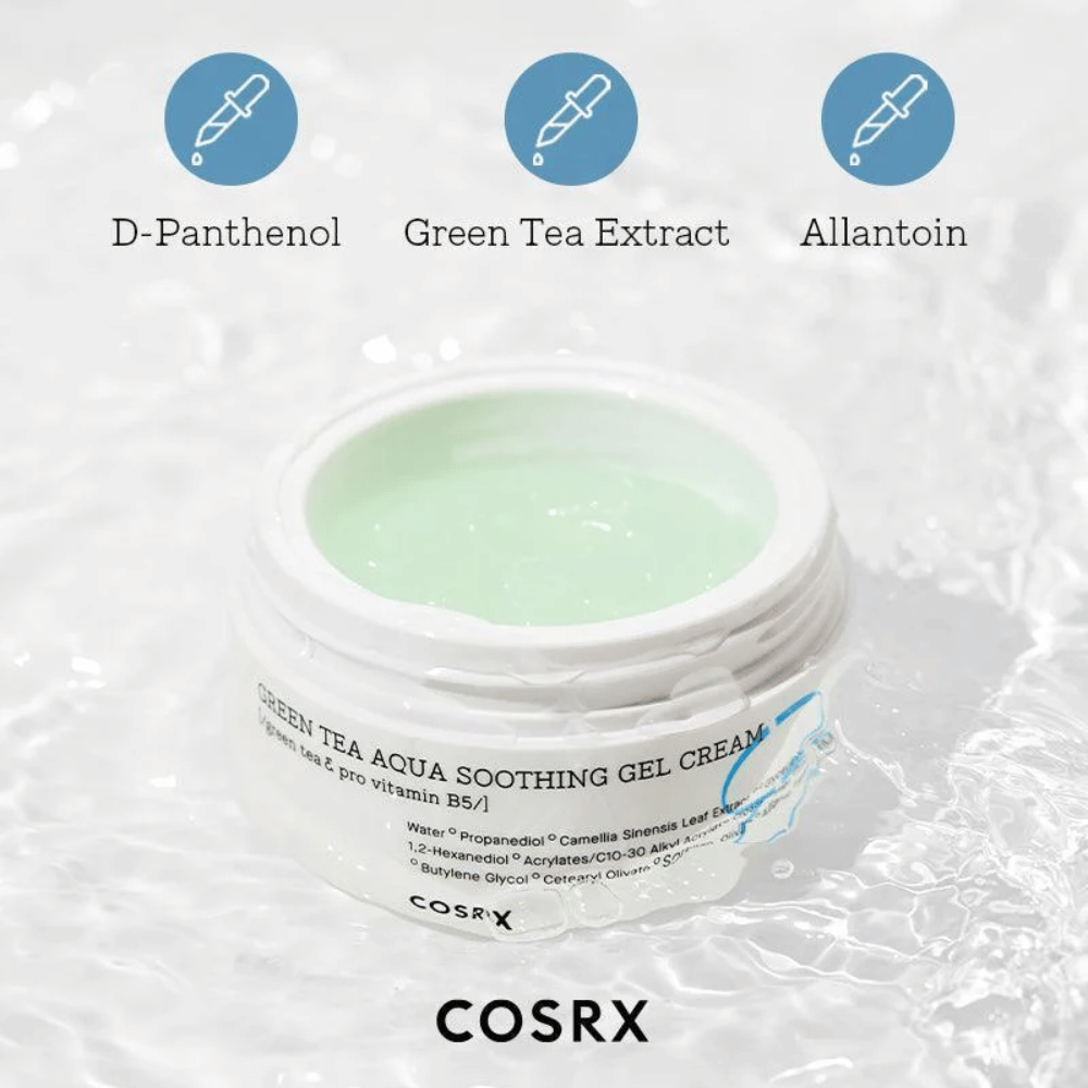 COSRX Green Tea Aqua Soothing Gel Cream – åben krukke med grøn gelcreme. Nøgleingredienser: D-Panthenol, Grøn te-ekstrakt og Allantoin for fugtighed og beroligende effekt.