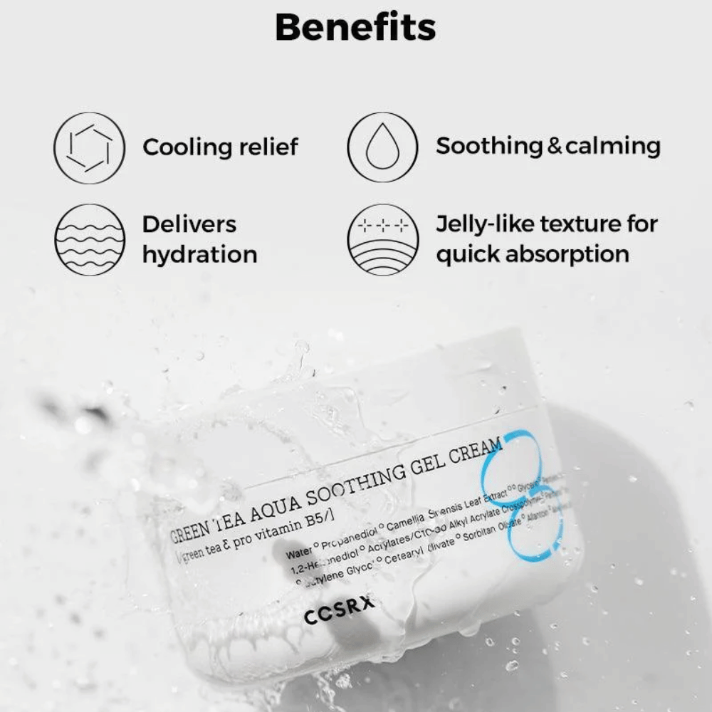 COSRX Green Tea Aqua Soothing Gel Cream – Fordele: kølende effekt, beroligende og plejende, intensiv fugtighed og gel-lignende tekstur for hurtig absorption.