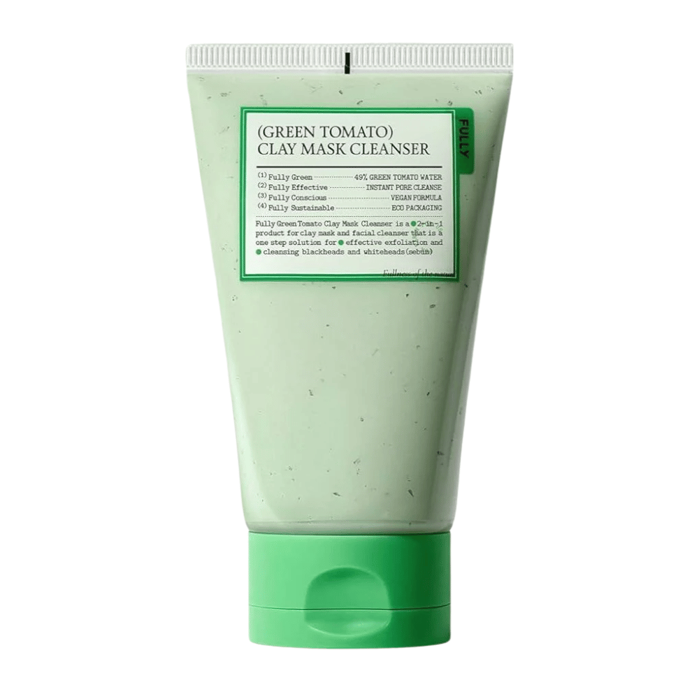 Et produktbillede af Green Tomato Clay Mask Cleanser i en grøn tube mod hvid baggrund. Fokus er på emballagen og designet.
