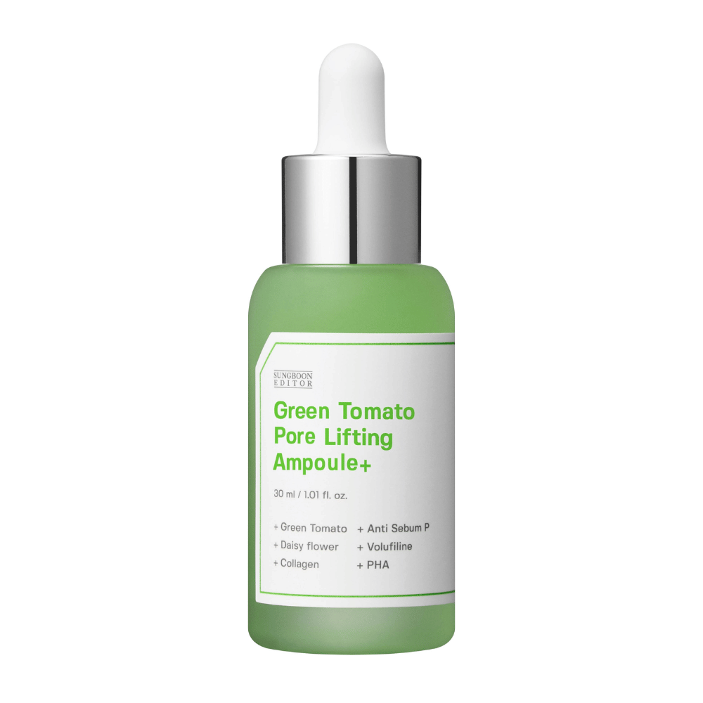 Frilagt produktbillede af Green Tomato Pore Lifting Ampoule+ i grøn glasflaske med pipette.