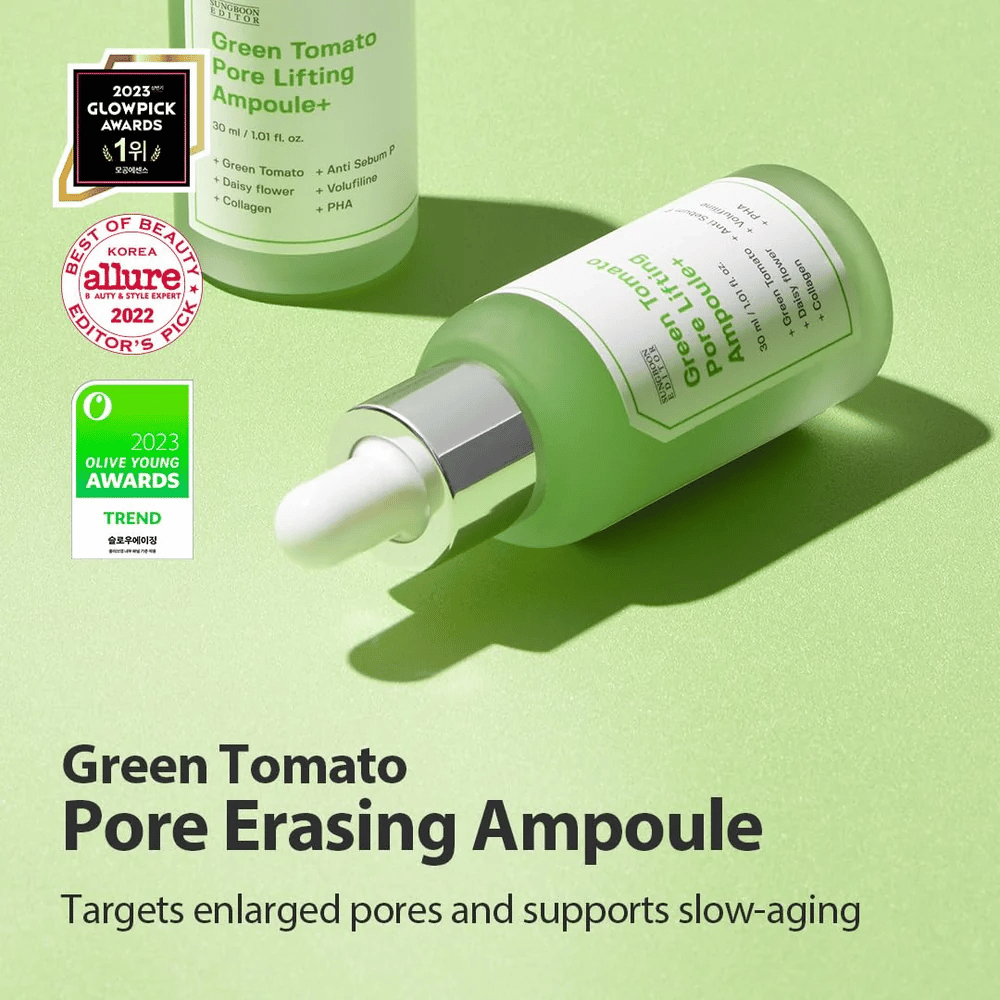 Green Tomato Pore Lifting Ampoule+ produktbillede med priser fra Glowpick, Allure og Olive Young Awards 2023.