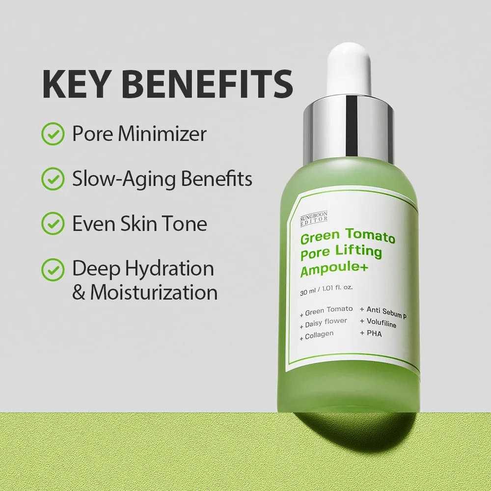 Green Tomato Pore Lifting Ampoule+ med pipetteflaske på grøn baggrund, listede nøglefordele som poreminskning, anti-age, jævn hudtone og fugtighed.