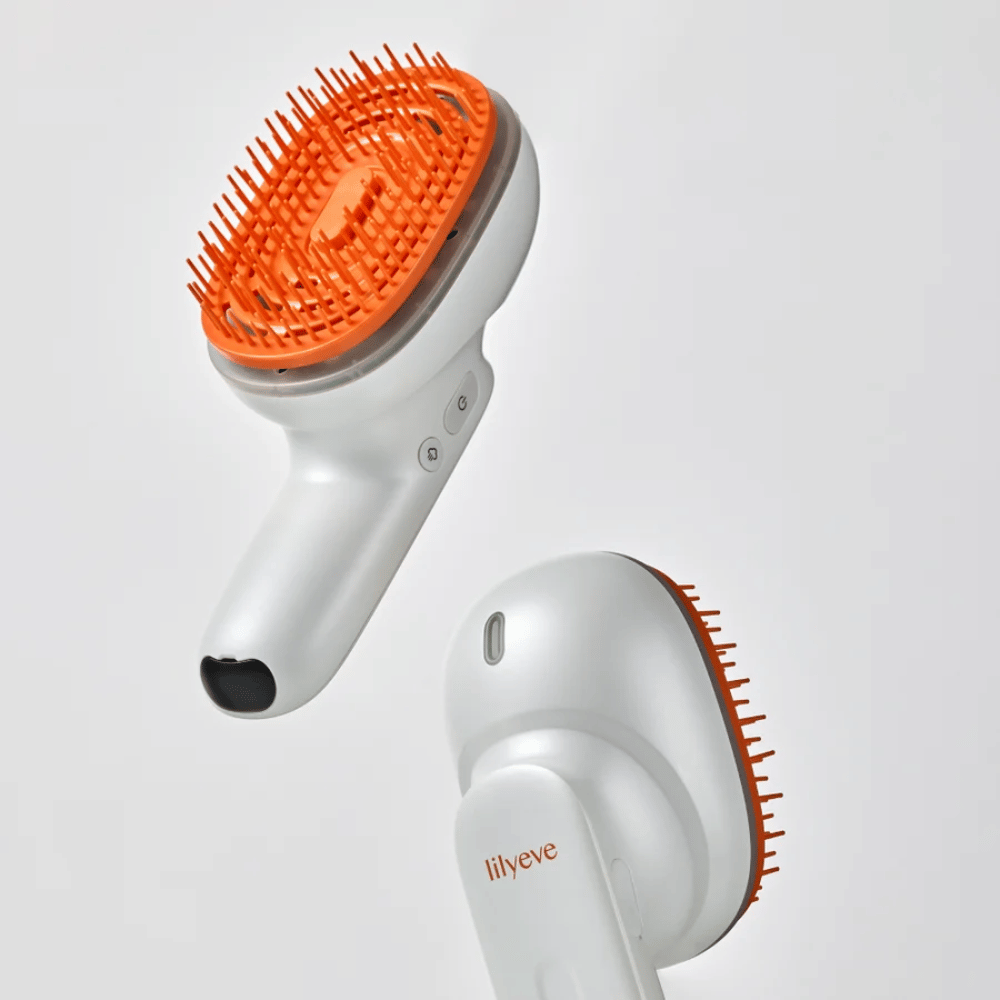 LILYEVE GrowTurn Brush Steam Booster – for- og bagside med ergonomisk håndtag og orange børster