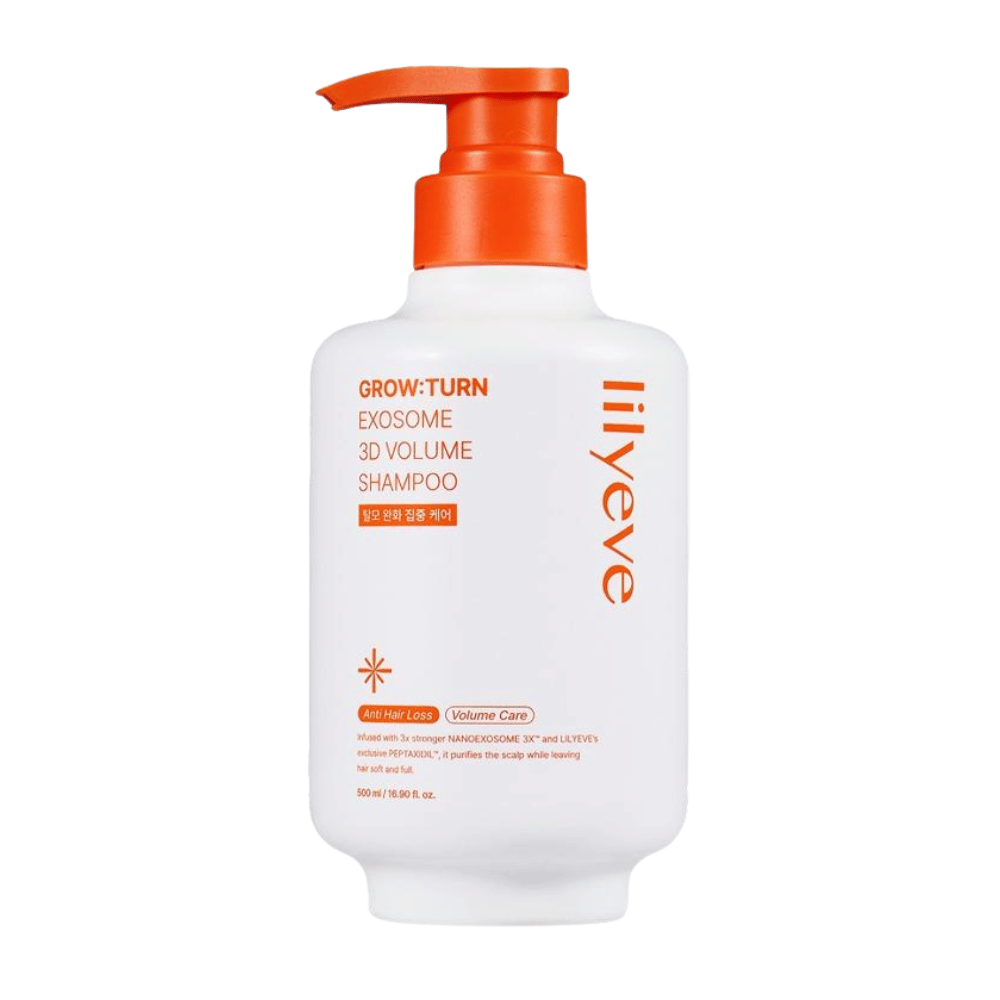LILYEVE Grow:Turn Exosome 3D Volume Shampoo i hvid pumpeflaske med orange detaljer til hovedbundspleje