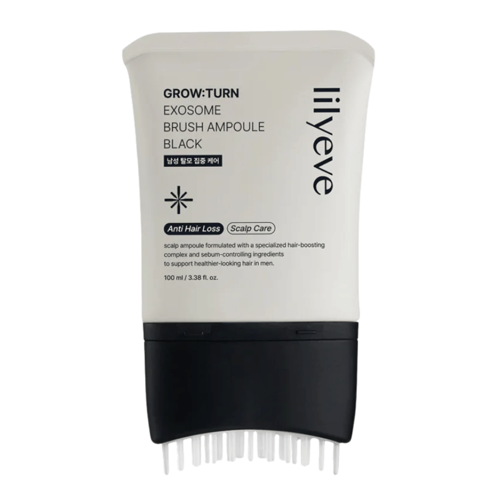 Frilagt produktbillede af LILYEVE Grow:Turn Exosome Brush Ampoule Prime mod hvid baggrund. Den integrerede børsteapplikator gør det nemt at påføre serummet direkte i hovedbunden til daglig hår- og hovedbundspleje.