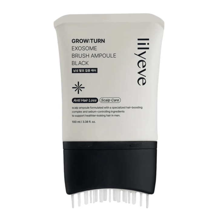 Frilagt produktbillede af LILYEVE Grow:Turn Exosome Brush Ampoule Prime mod hvid baggrund. Den integrerede børsteapplikator gør det nemt at påføre serummet direkte i hovedbunden til daglig hår- og hovedbundspleje.