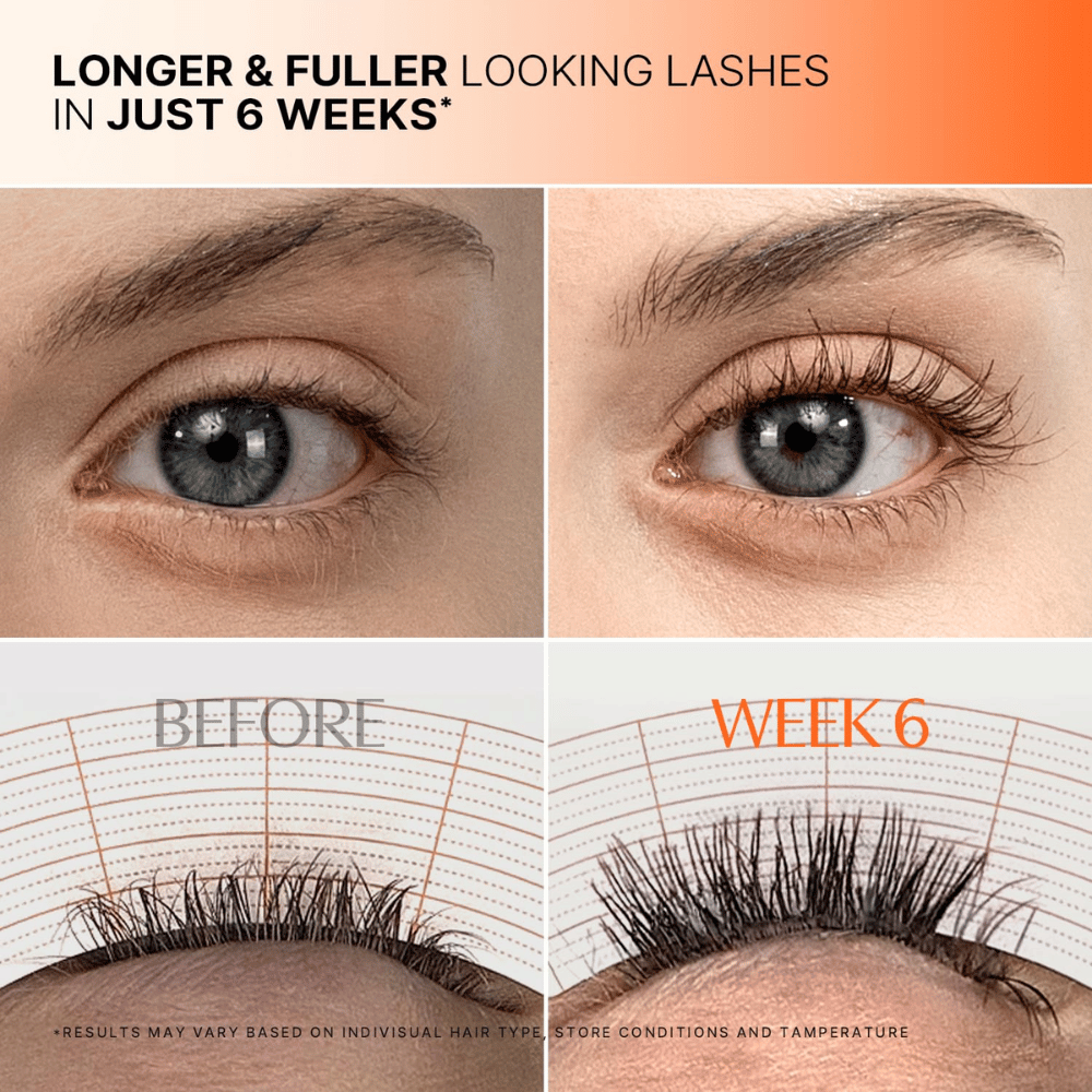 Før- og efterbillede af øjenvipper efter 6 ugers brug af LILYEVE Grow Turn Exosome Dual Lash Serum.