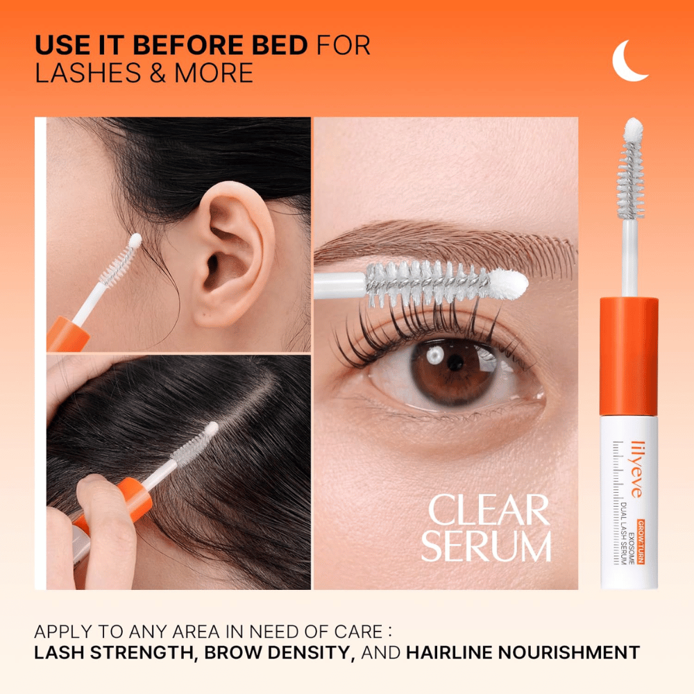 LILYEVE Grow Turn Exosome Dual Lash Serum – transparent serum til aftenpleje af øjenvipper, øjenbryn og hårgrænse.