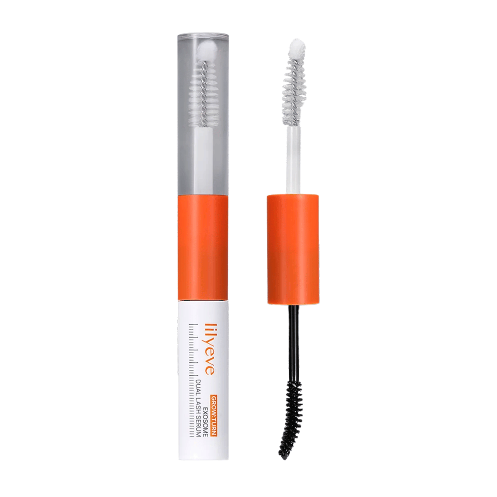 LILYEVE Grow Turn Exosome Dual Lash Serum – dobbeltsidet øjenvippeserum med transparent og sort serum samt to applikatorer.