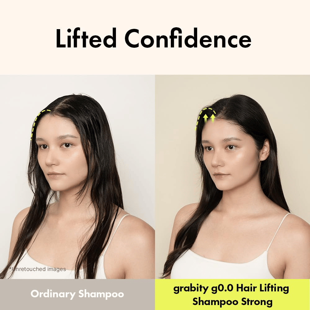 Før- og efterbillede, der viser øget volumen og løft ved hårrødderne efter brug af Grabity g0.0 Hair Lifting Shampoo Strong til tyndt og fladt hår.