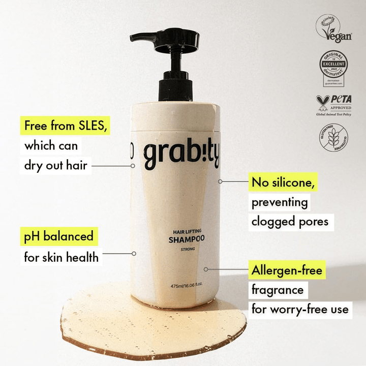 Grabity g0.0 Hair Lifting Shampoo Strong med information om SLES-fri formel, silikonefri sammensætning, allergenfri duft og certificeringer for vegansk og skånsom hårpleje.