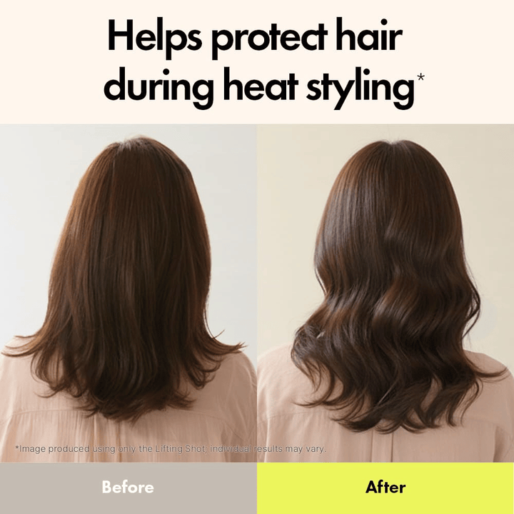 Før- og efterbillede, der viser effekten af Grabity Hair Lifting Shot. Håret ser fyldigere, mere defineret og bedre beskyttet ud ved varmestyling efter brug.