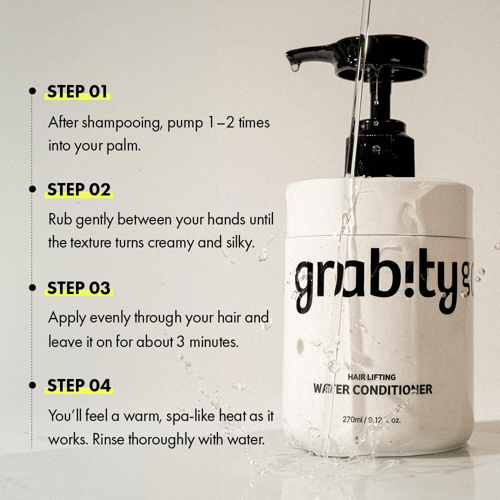 Instruktionsbillede til Grabity Hair Lifting Water Conditioner, som viser, hvordan produktet bruges efter hårvask for at give pleje, glans og et fyldigere hårindtryk.