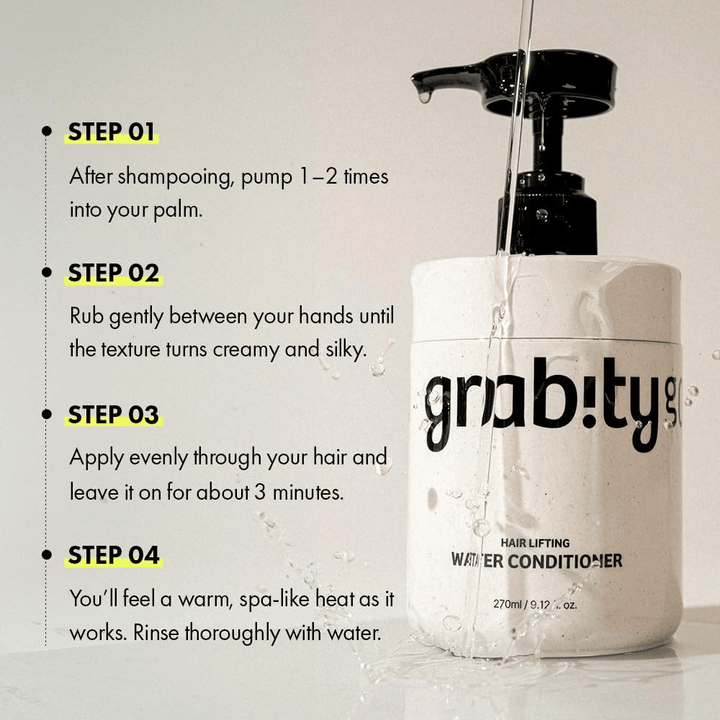 Instruktionsbillede til Grabity Hair Lifting Water Conditioner, som viser, hvordan produktet bruges efter hårvask for at give pleje, glans og et fyldigere hårindtryk.
