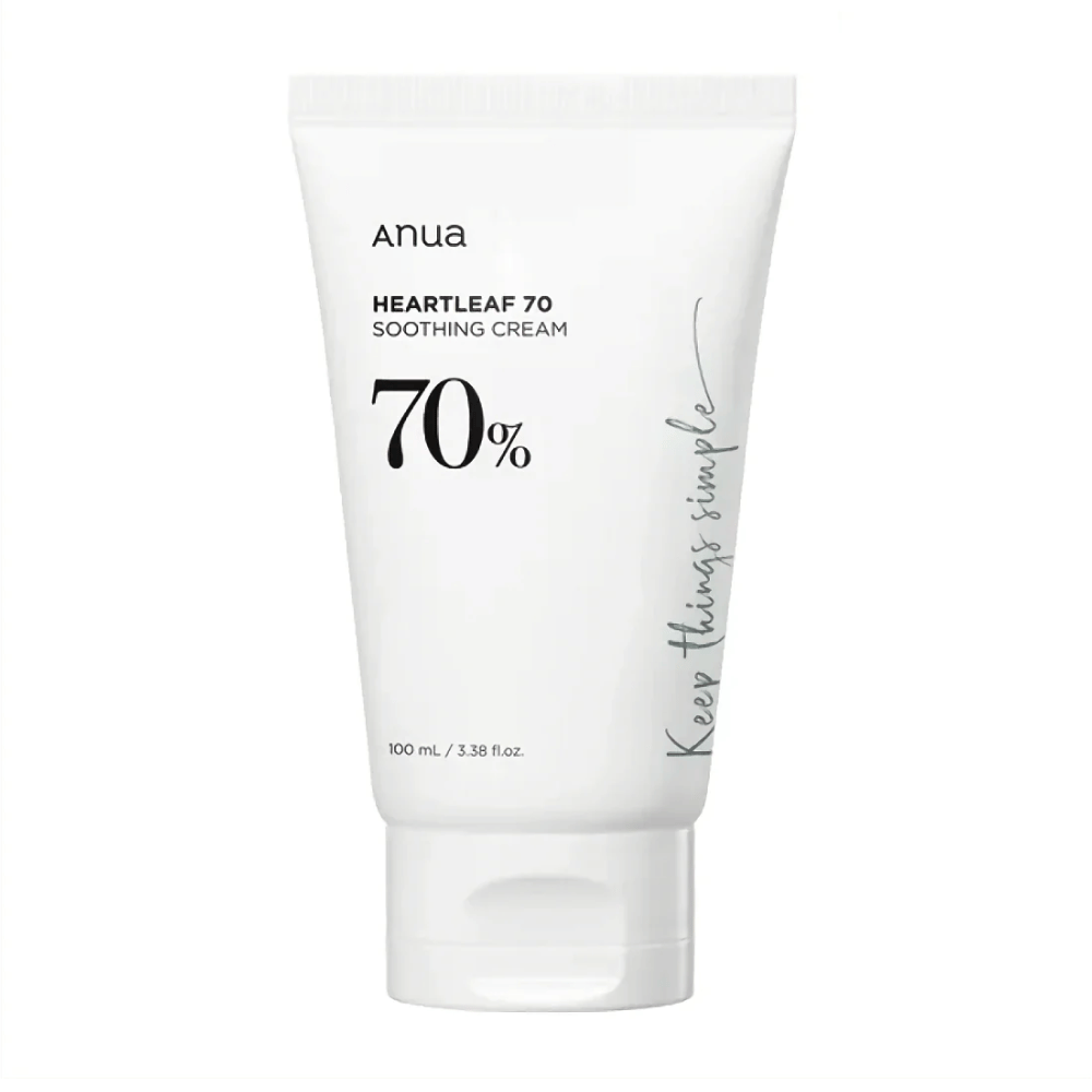 En tube af Anua Heartleaf 70 Soothing Cream på hvid baggrund.