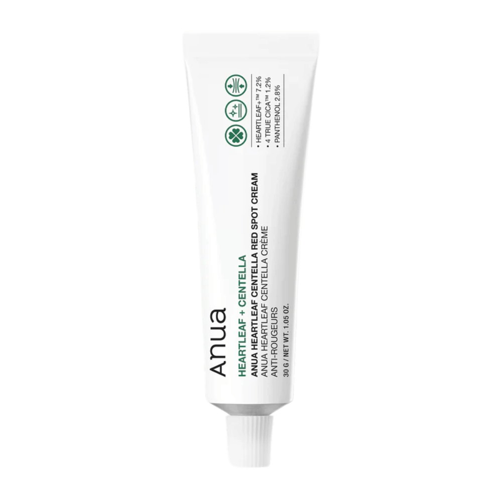 Anua Heartleaf Centella Red Spot Cream i hvid tube, en punktbehandlende creme med centella for at berolige huden og styrke fugtbarrieren.