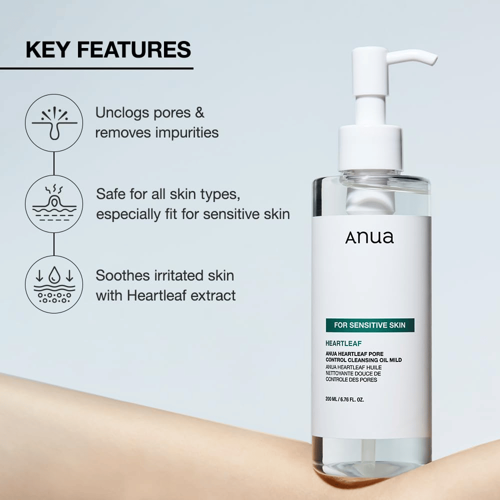 Anua Heartleaf Pore Control Cleansing Oil Mild er en skånsom renseolie til alle hudtyper, særligt velegnet til følsom hud. Den hjælper med at: Fjerne urenheder og rense porerne. Berolige irriteret hud med hjælp af heartleaf-ekstrakt. Er sikker for alle hudtyper og særligt tilpasset til at være mild og effektiv.