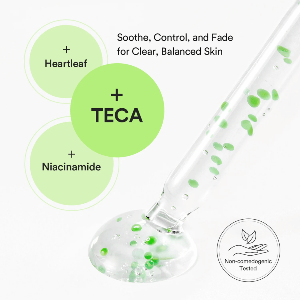 Produktillustration, der viser kombinationen af Heartleaf, TECA og niacinamid for at balancere huden, kontrollere olie og mindske synlige hudproblemer.