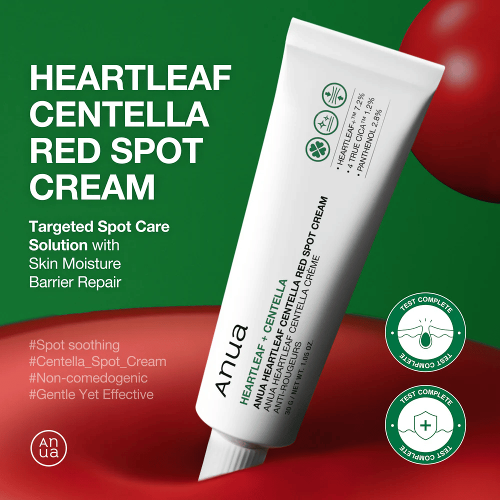 Anua Heartleaf Centella Red Spot Cream i hvid tube præsenteret mod grøn baggrund, med fokus på punktbehandling, fugtbarrierereparation og testet skånsom formel.