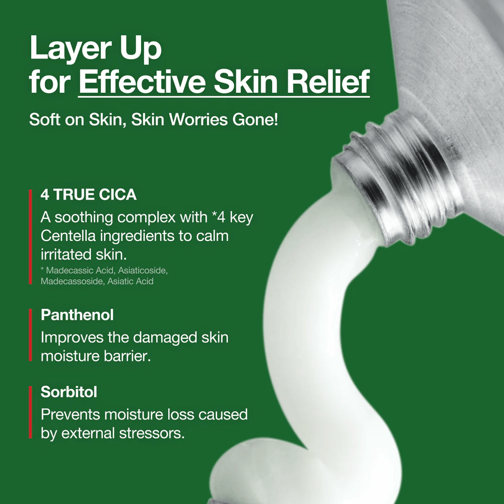 Anua Heartleaf Centella Red Spot Cream med hvid creme presset ud af tuben, markerede ingredienser som 4 True Cica, Panthenol og Sorbitol for beroligende og fugtgivende effekt.
