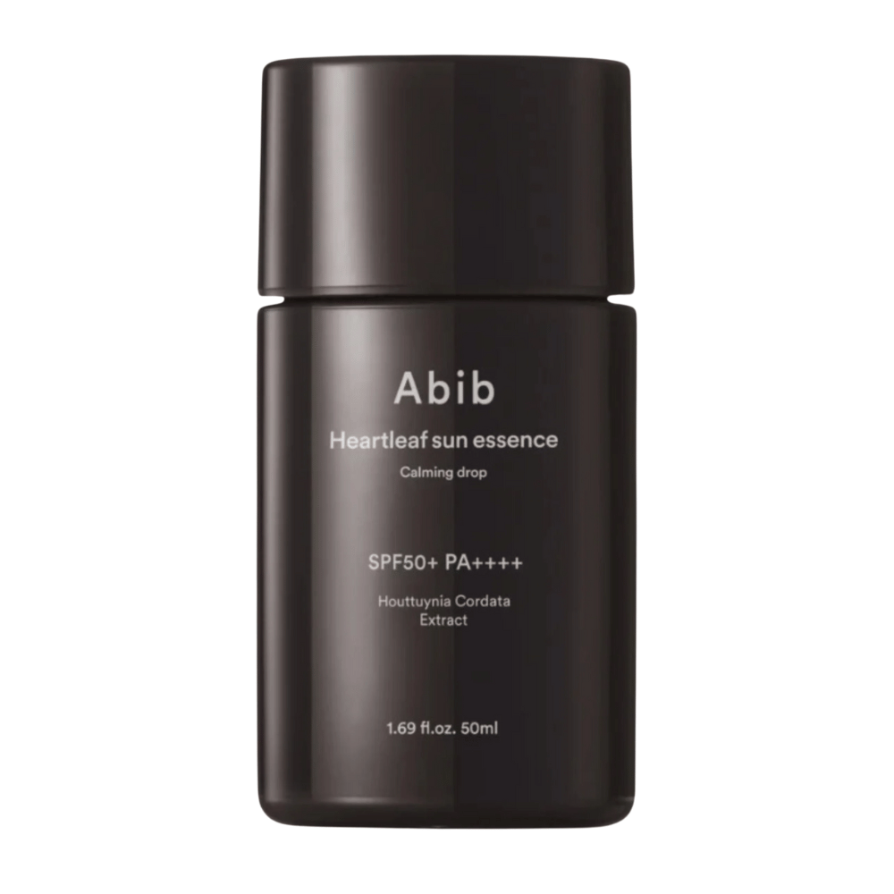 Produktbillede af Abib Heartleaf Sun Essence Calming Drop i sort emballage med hvid tekst og SPF50+ PA++++, 50 ml.
