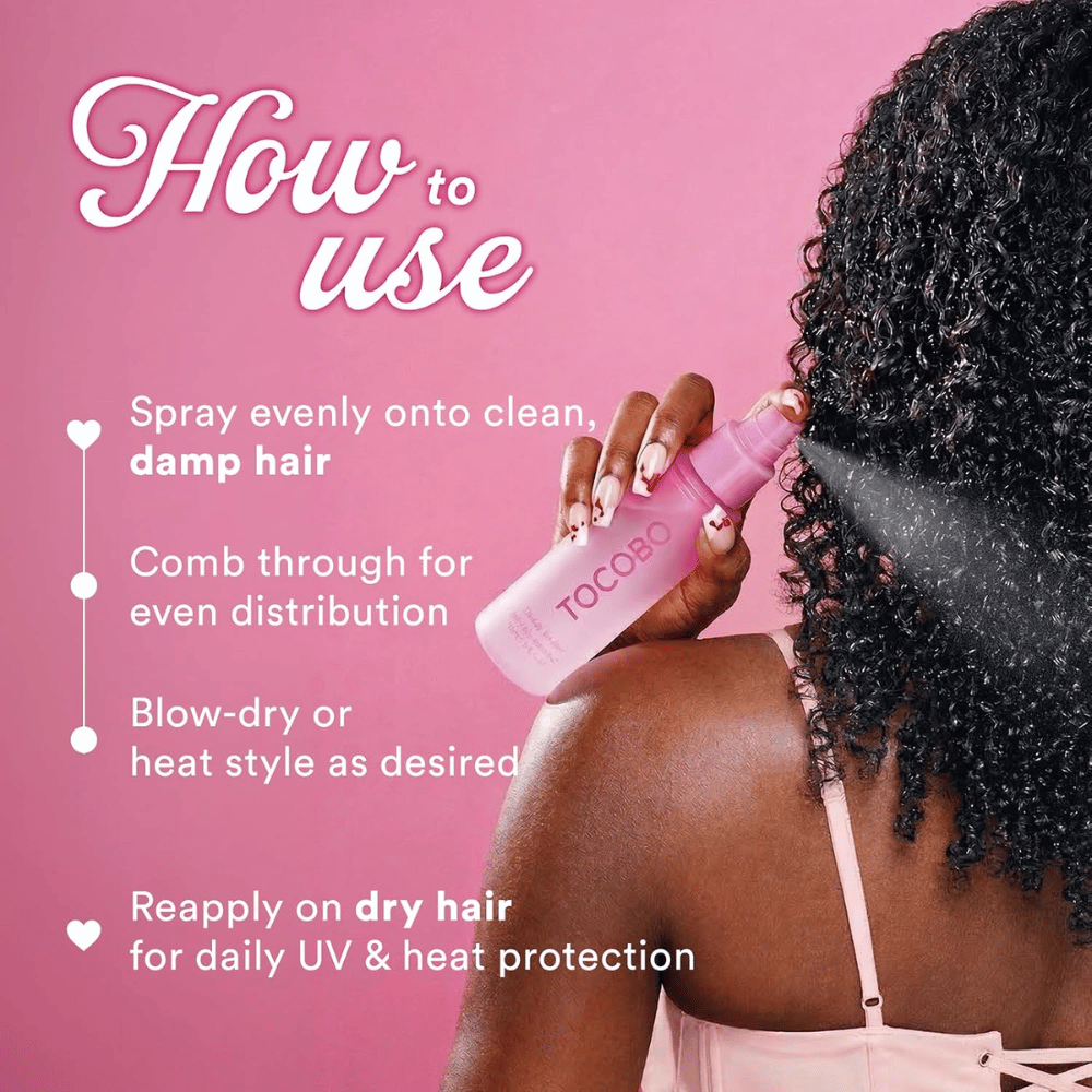 TOCOBO Heat Proof Hair Mist #01 Lowkey Famous – påføring i fugtigt hår før føntørring og varmestyling